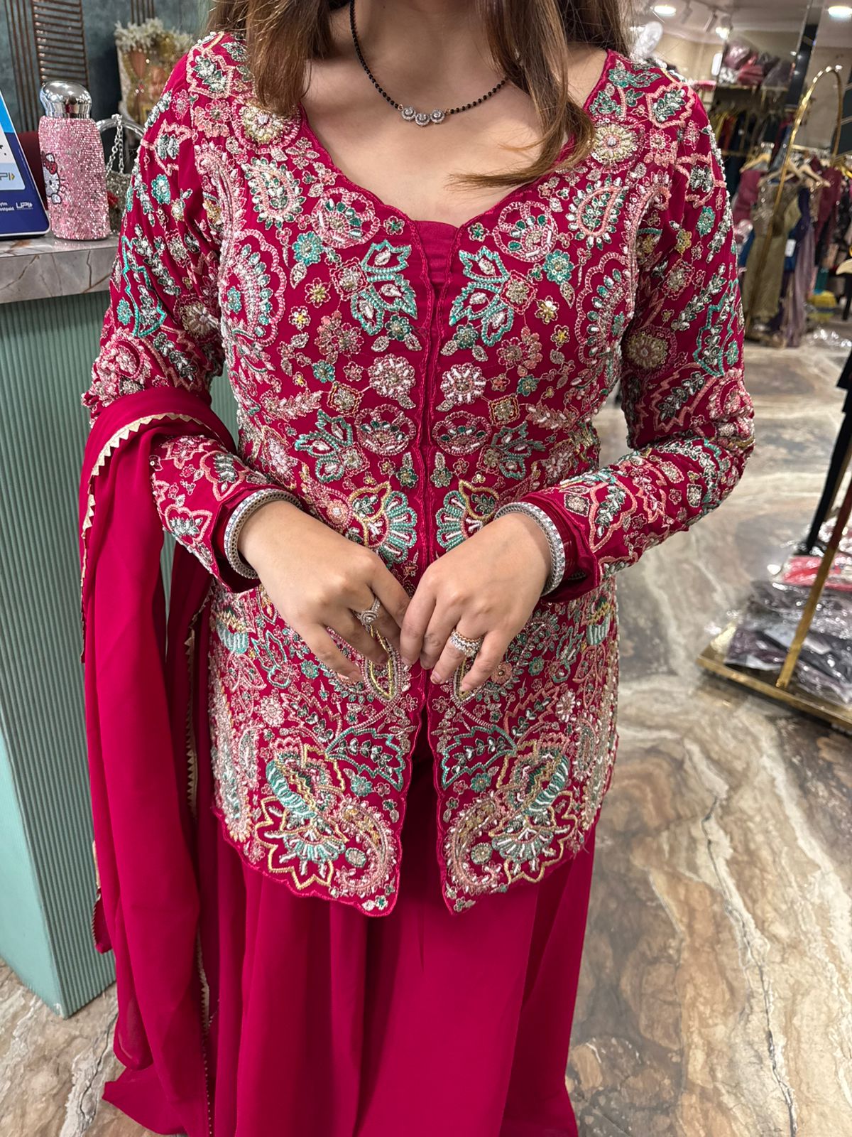 Ruby Charm Heavy Embroidered Palazzo Set