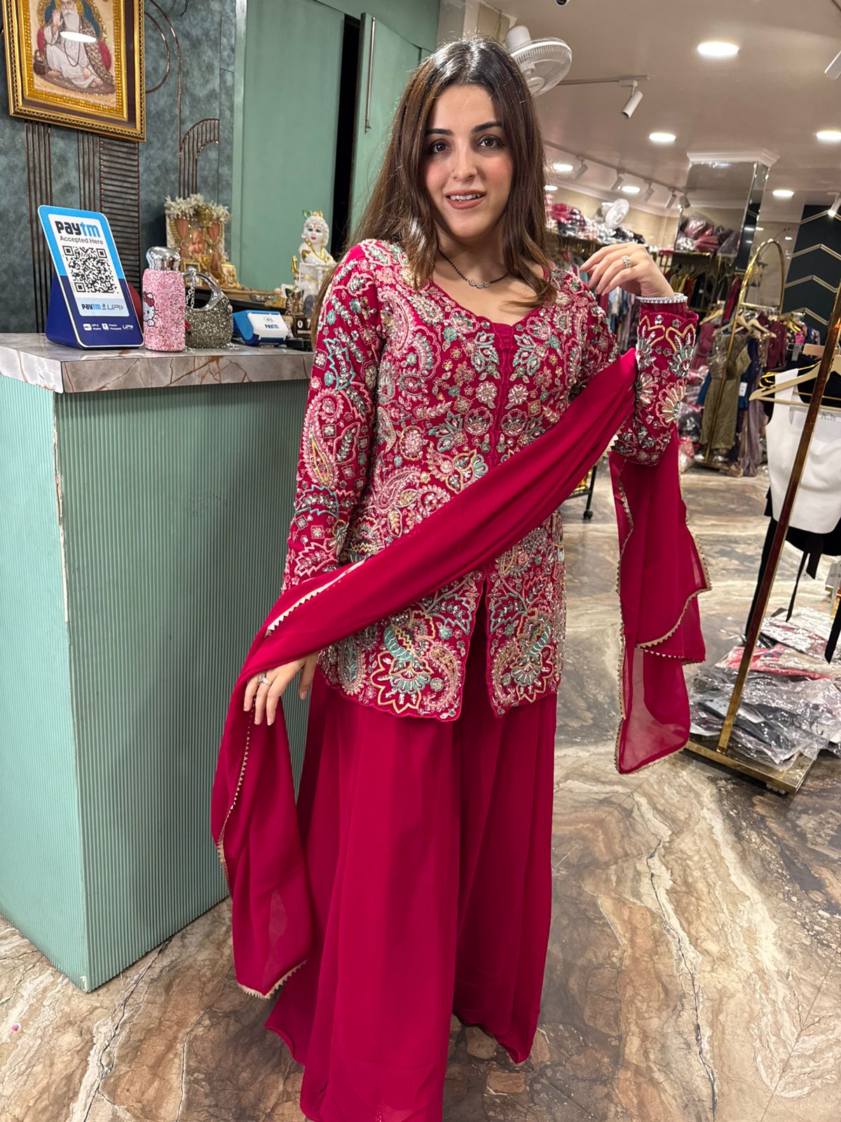 Ruby Charm Heavy Embroidered Palazzo Set