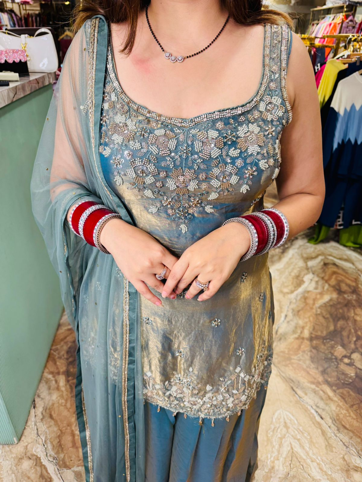 Ocean Mist Embroidered Sharara Suit