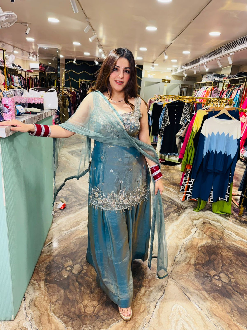 Ocean Mist Embroidered Sharara Suit