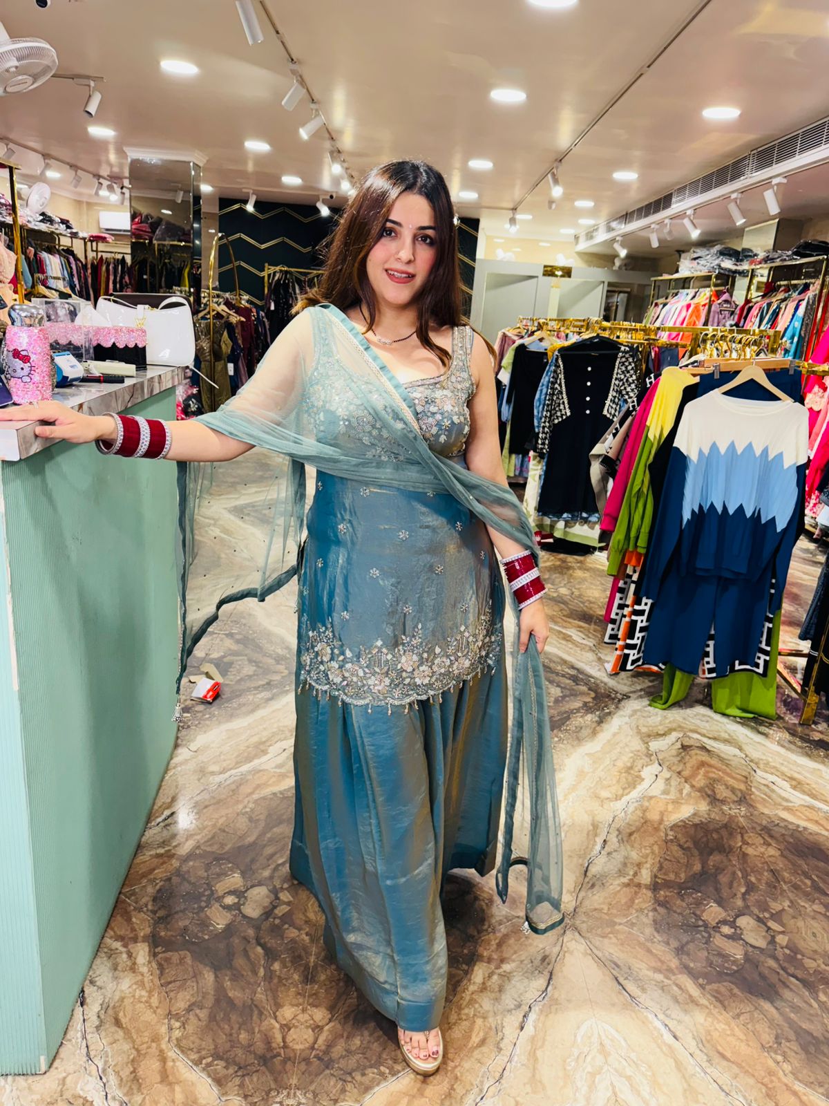 Ocean Mist Embroidered Sharara Suit