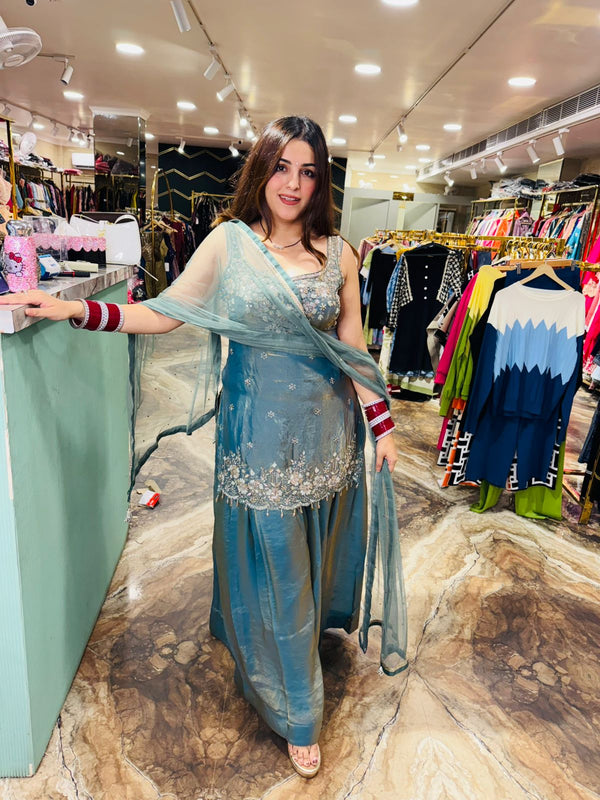 Ocean Mist Embroidered Sharara Suit