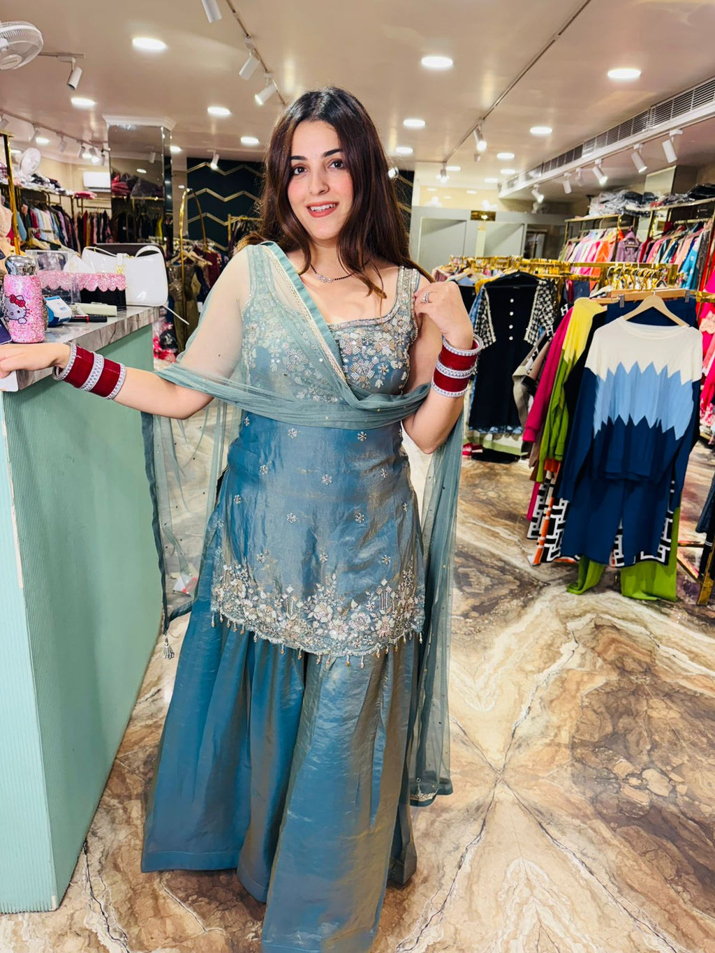 Ocean Mist Embroidered Sharara Suit
