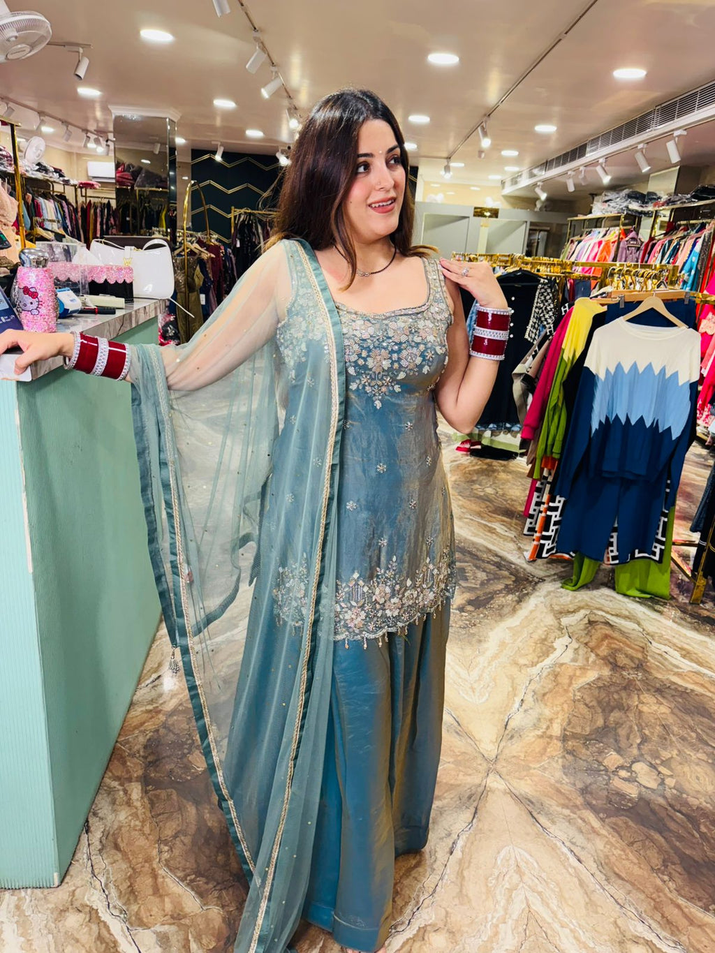 Ocean Mist Embroidered Sharara Suit