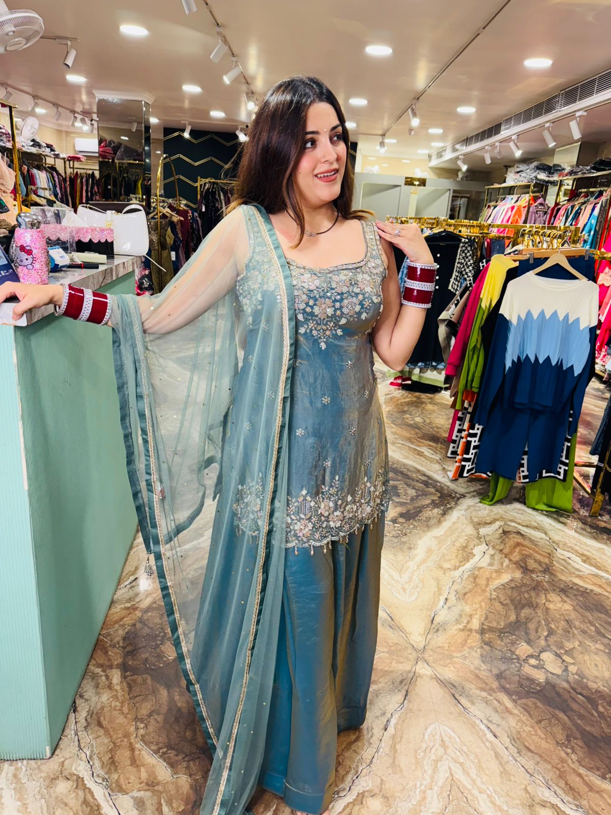 Ocean Mist Embroidered Sharara Suit