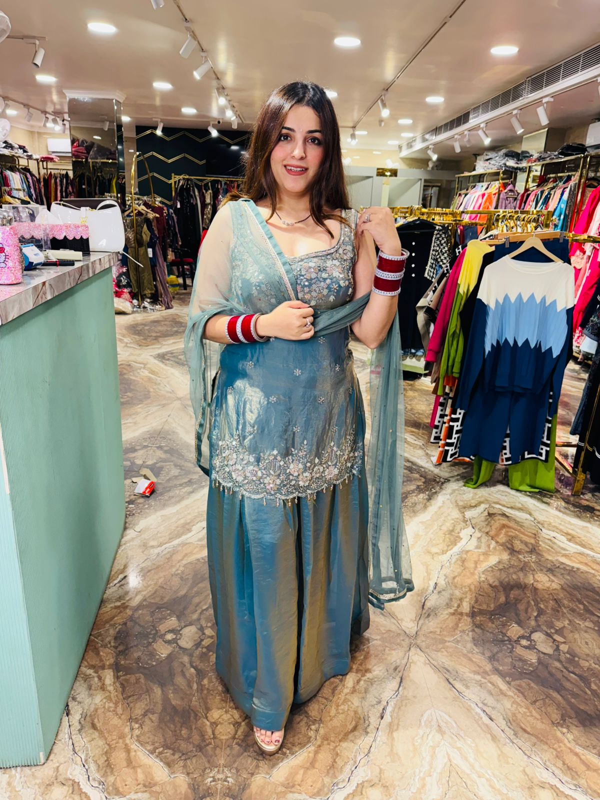 Ocean Mist Embroidered Sharara Suit
