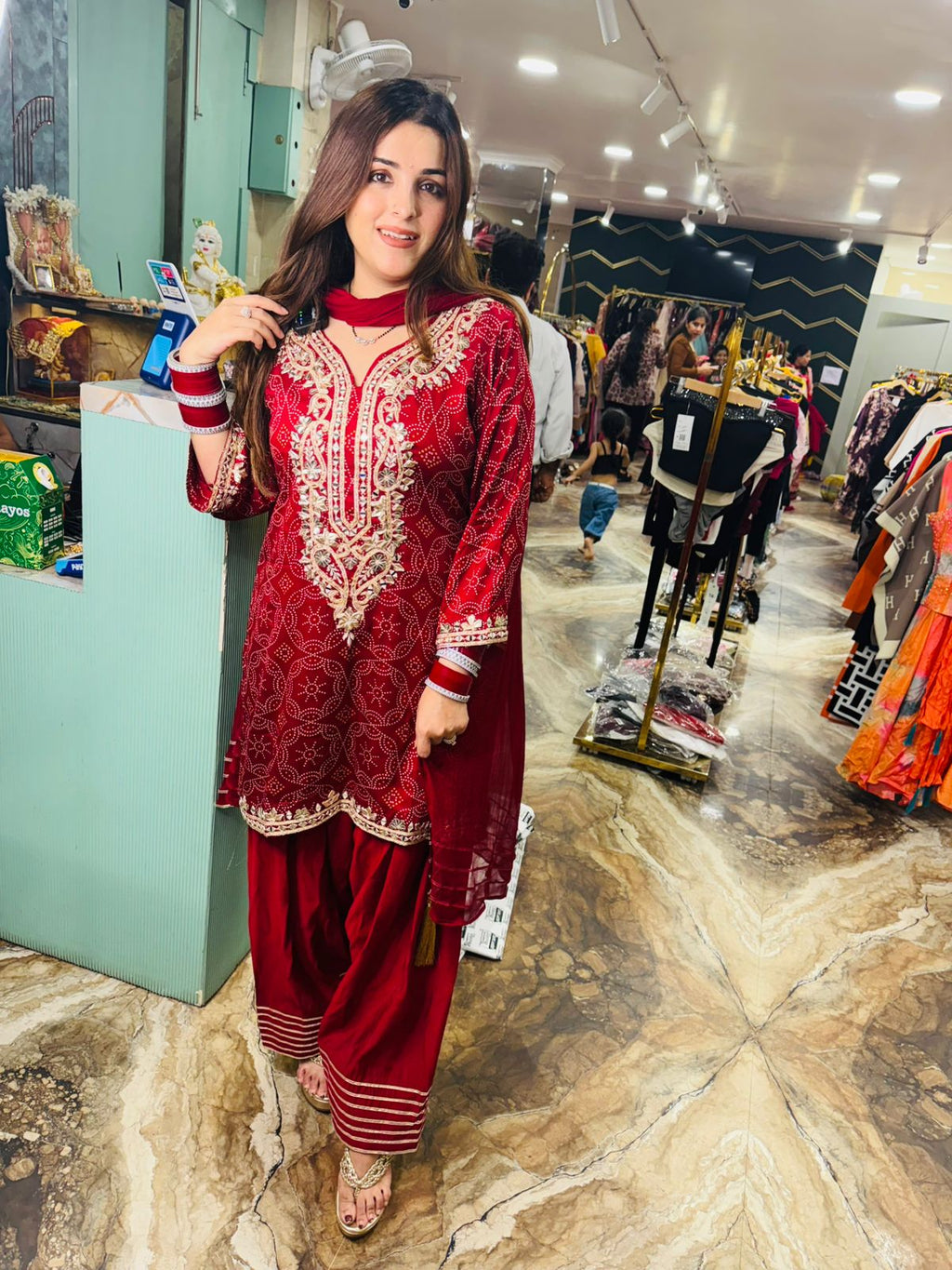 Crimson Elegance Mirror Work Patiala Suit