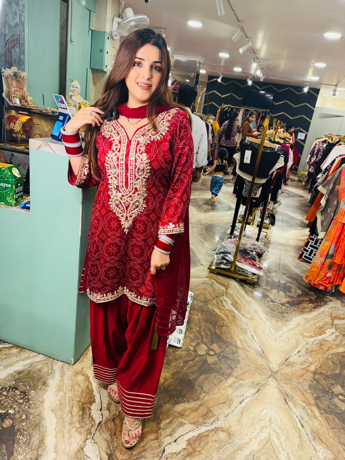 Crimson Elegance Mirror Work Patiala Suit