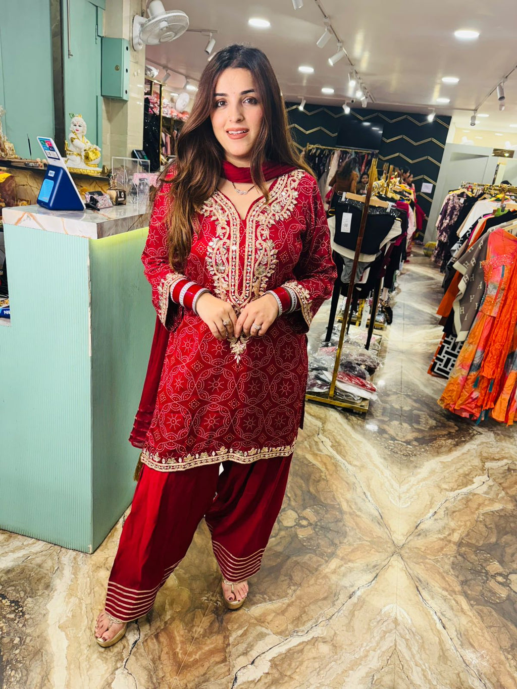 Crimson Elegance Mirror Work Patiala Suit