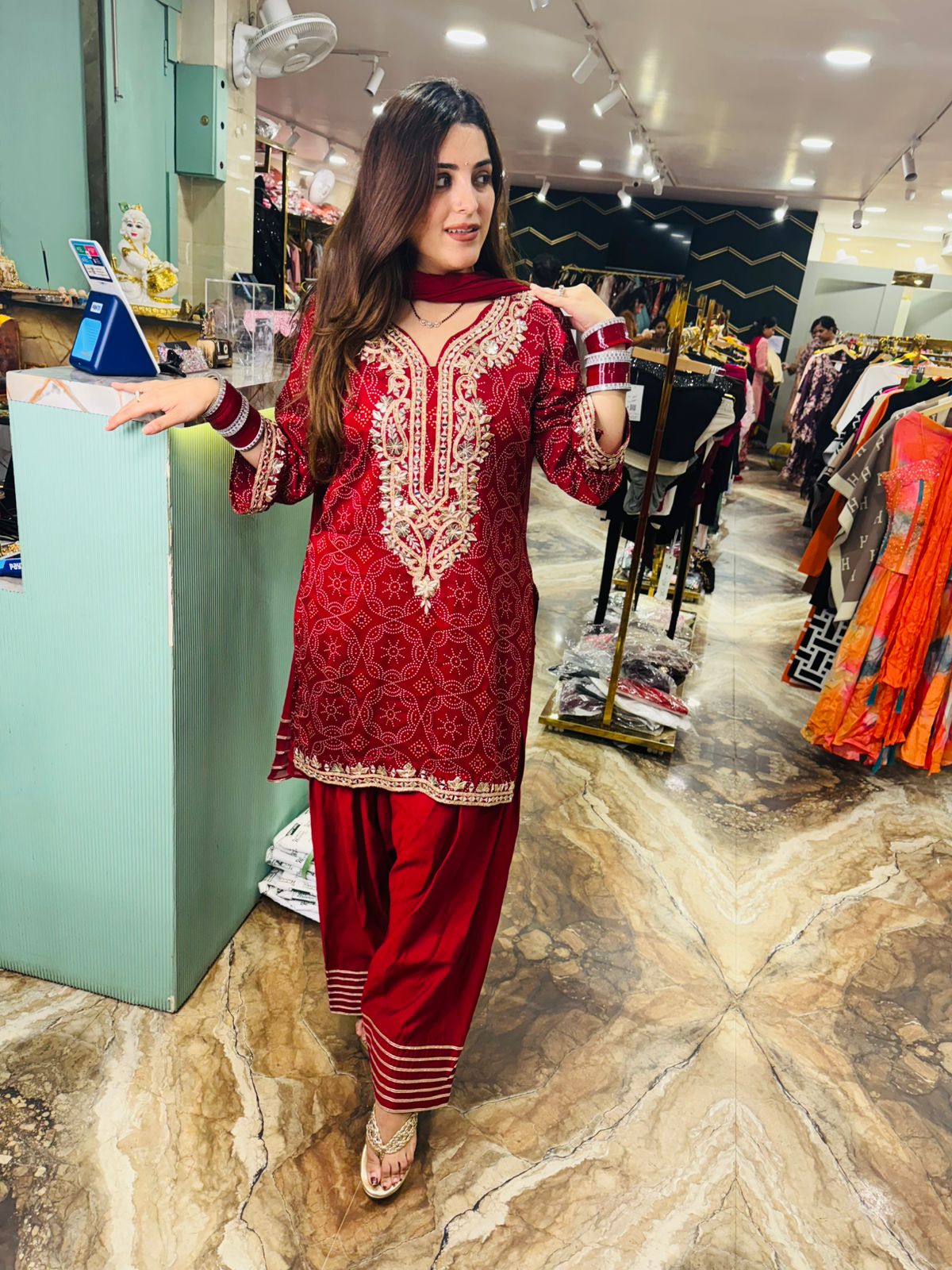 Crimson Elegance Mirror Work Patiala Suit