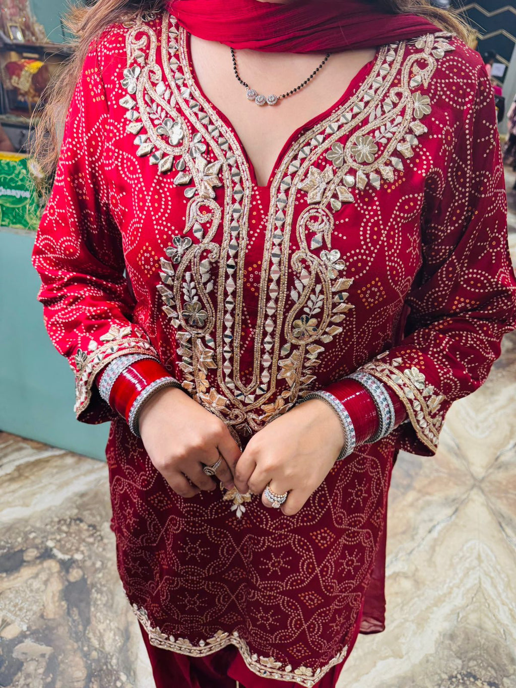 Crimson Elegance Mirror Work Patiala Suit