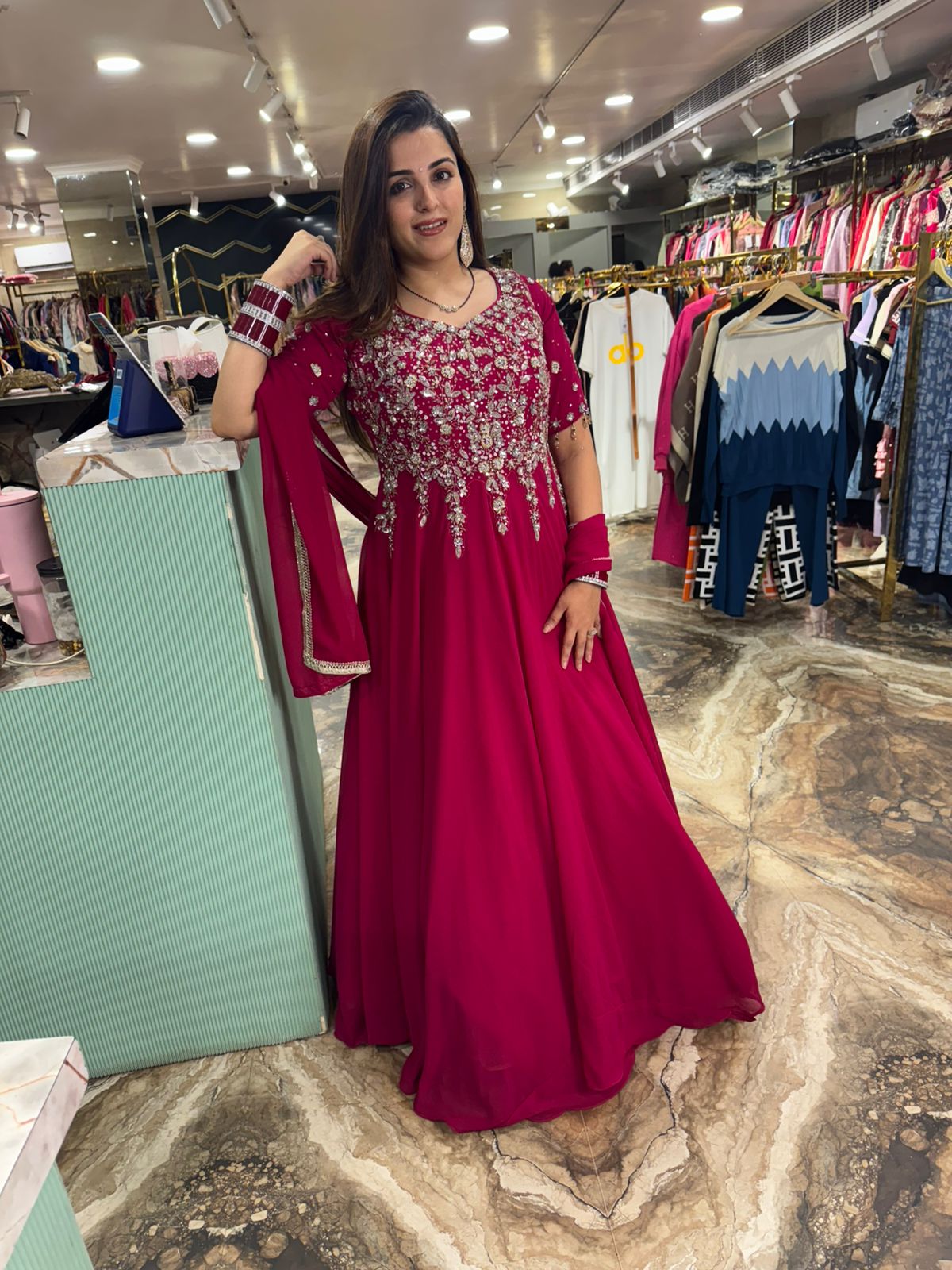 Crimson Blossom Anarkali Gown