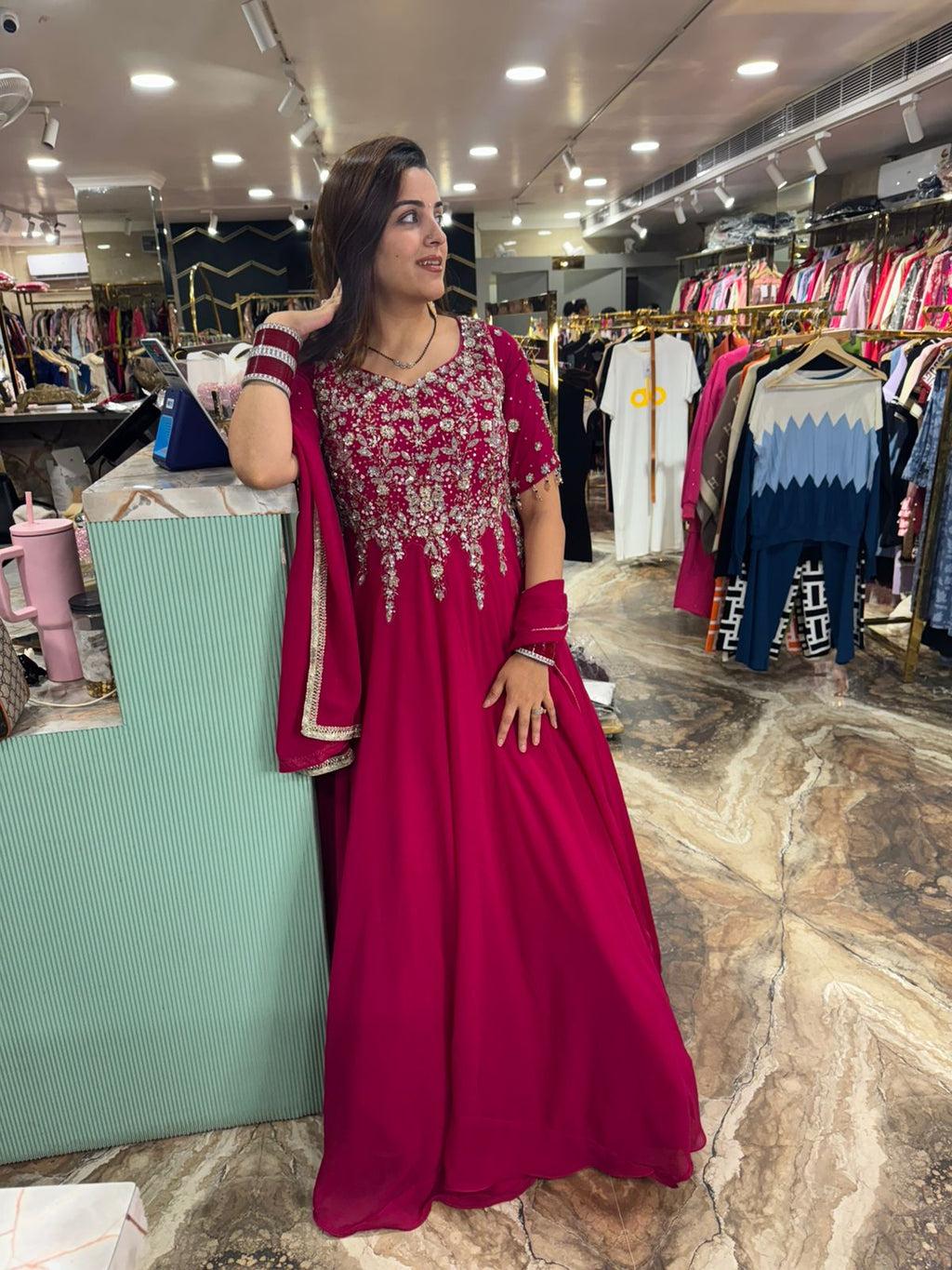 Crimson Blossom Anarkali Gown