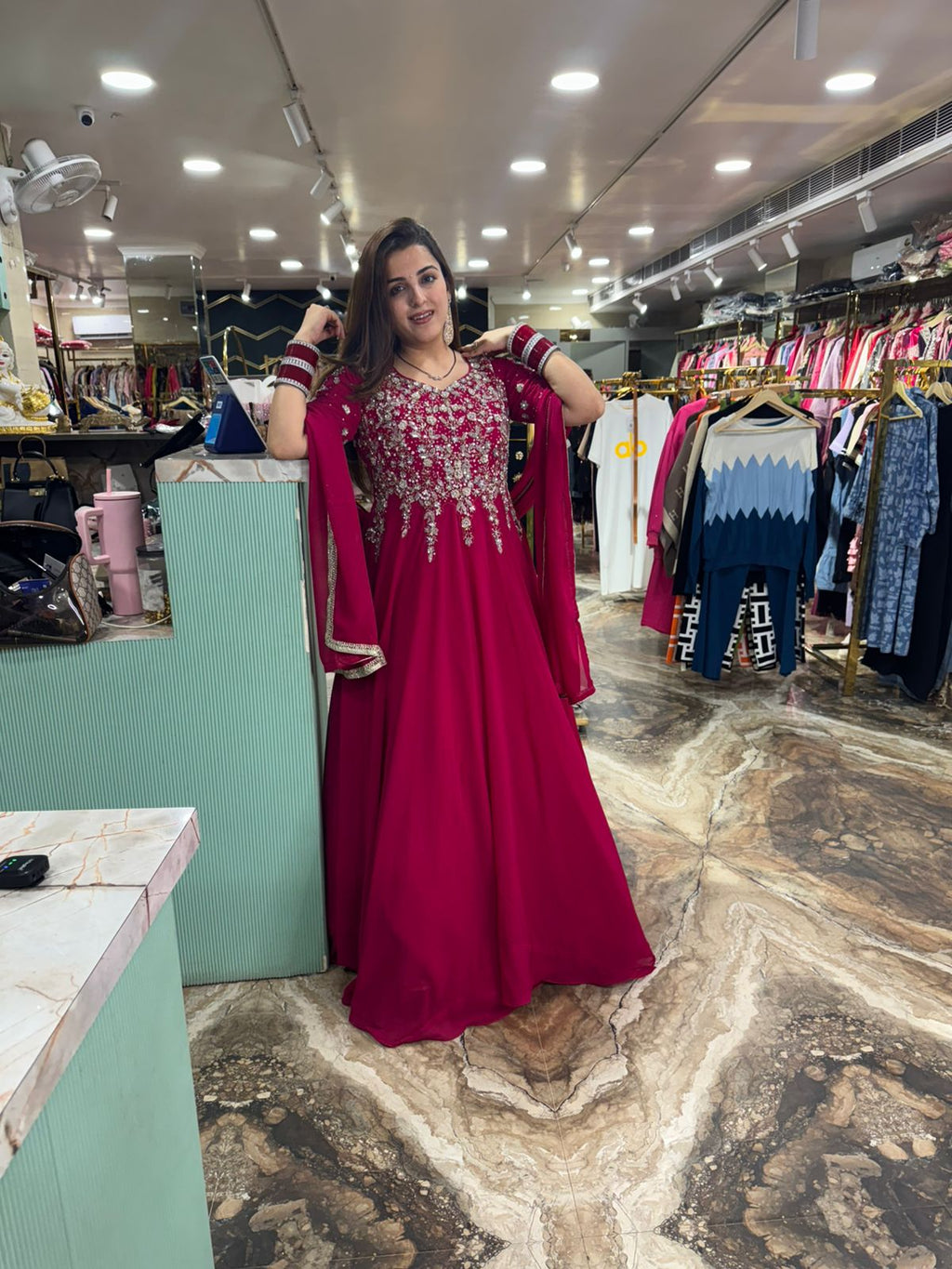 Crimson Blossom Anarkali Gown