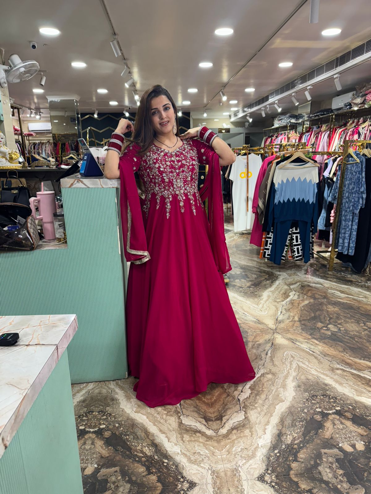 Crimson Blossom Anarkali Gown