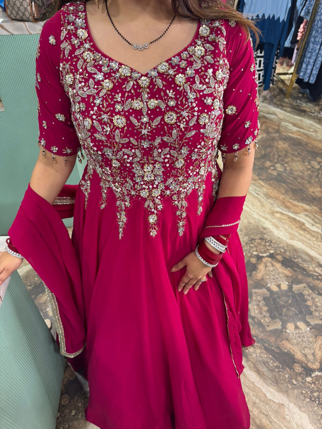 Crimson Blossom Anarkali Gown