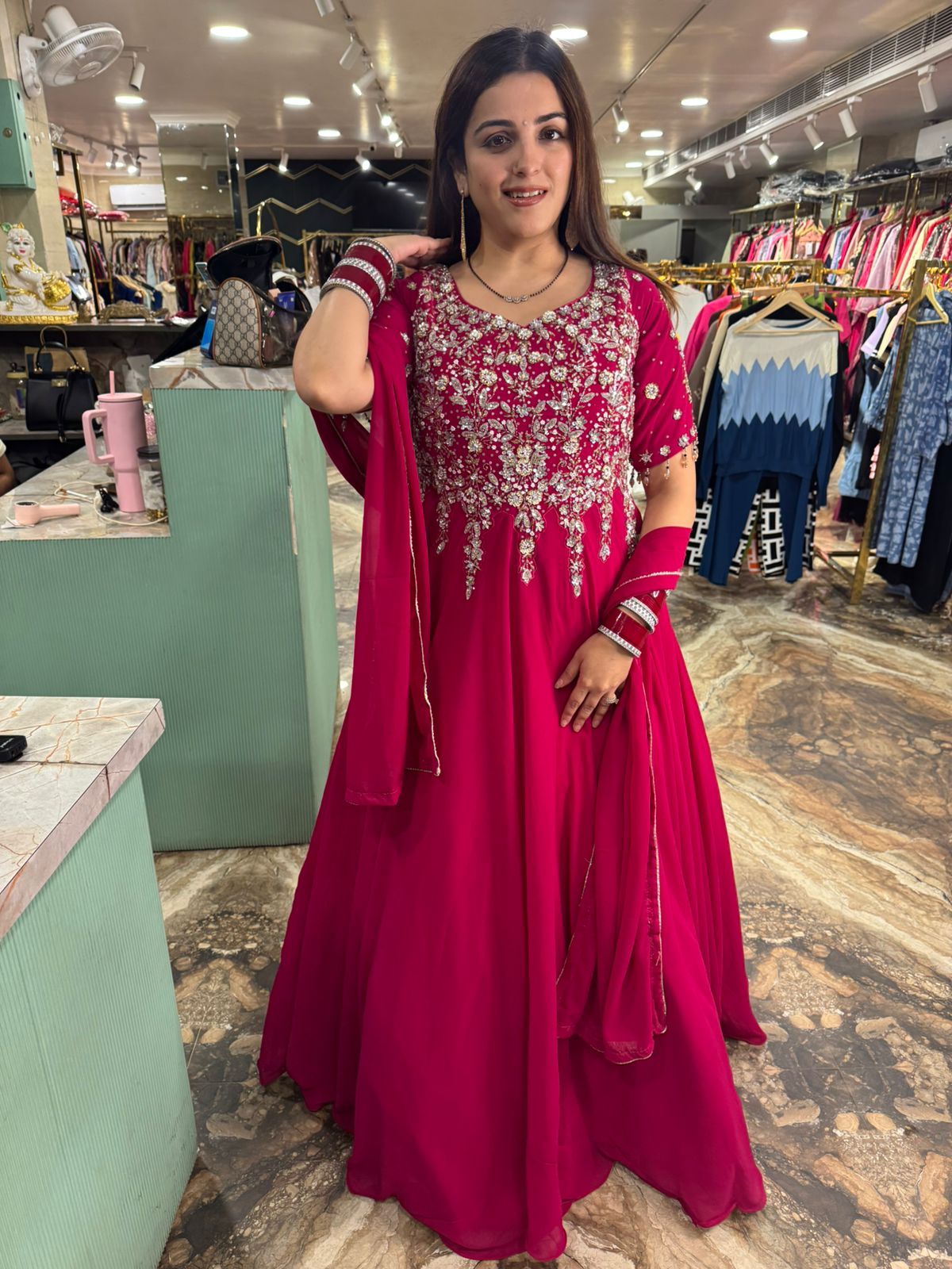 Crimson Blossom Anarkali Gown
