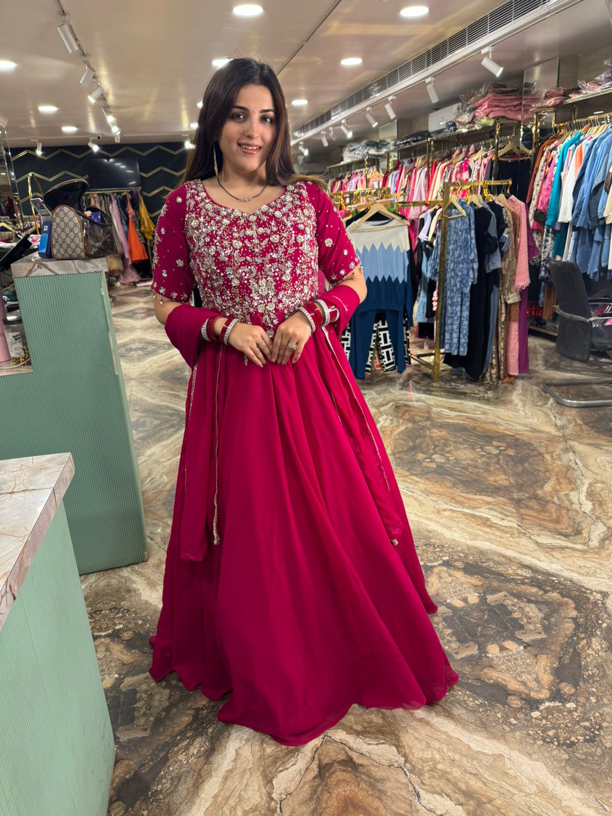 Crimson Blossom Anarkali Gown