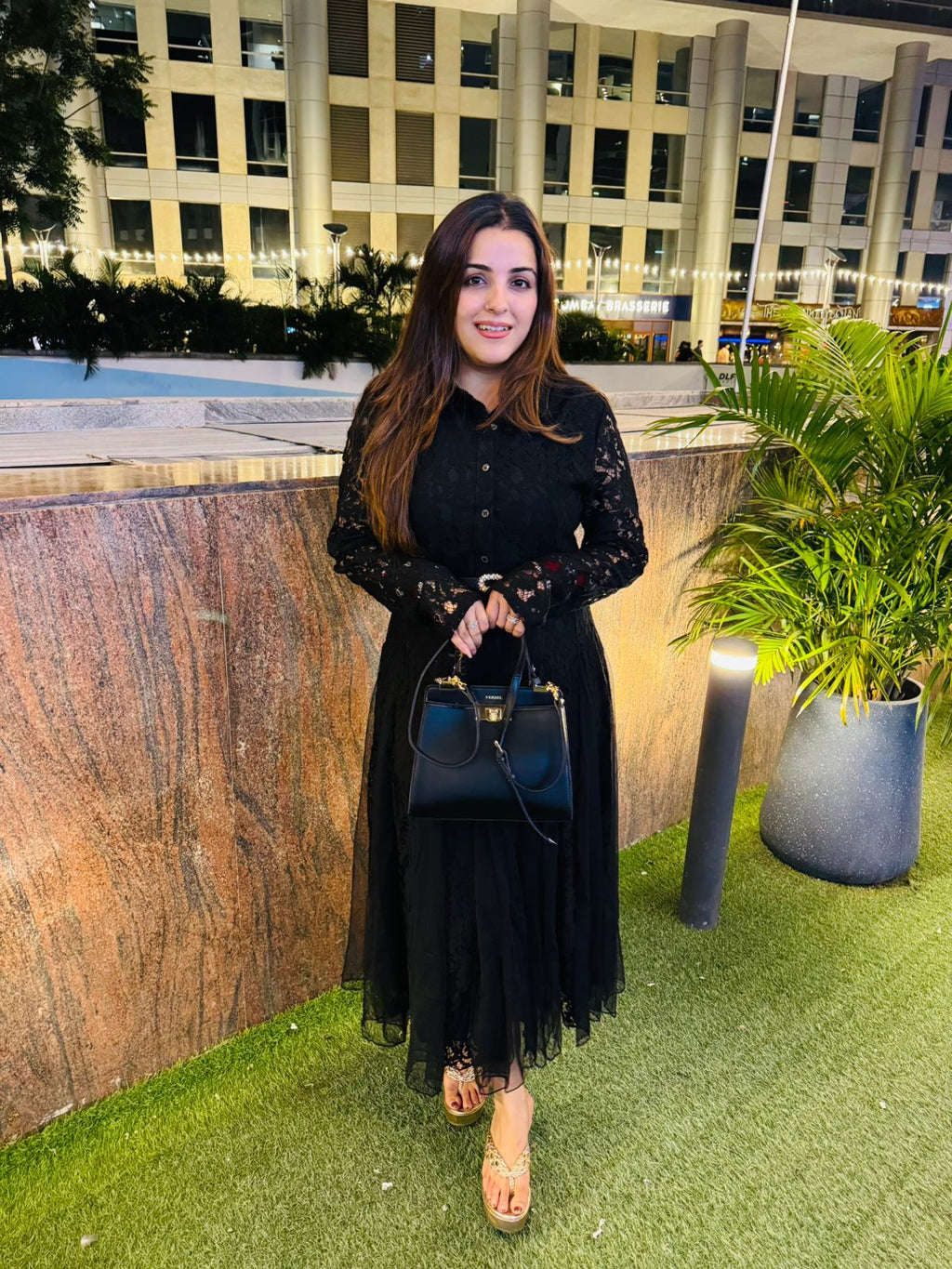 Midnight Elegance Black Lace Midi Dress