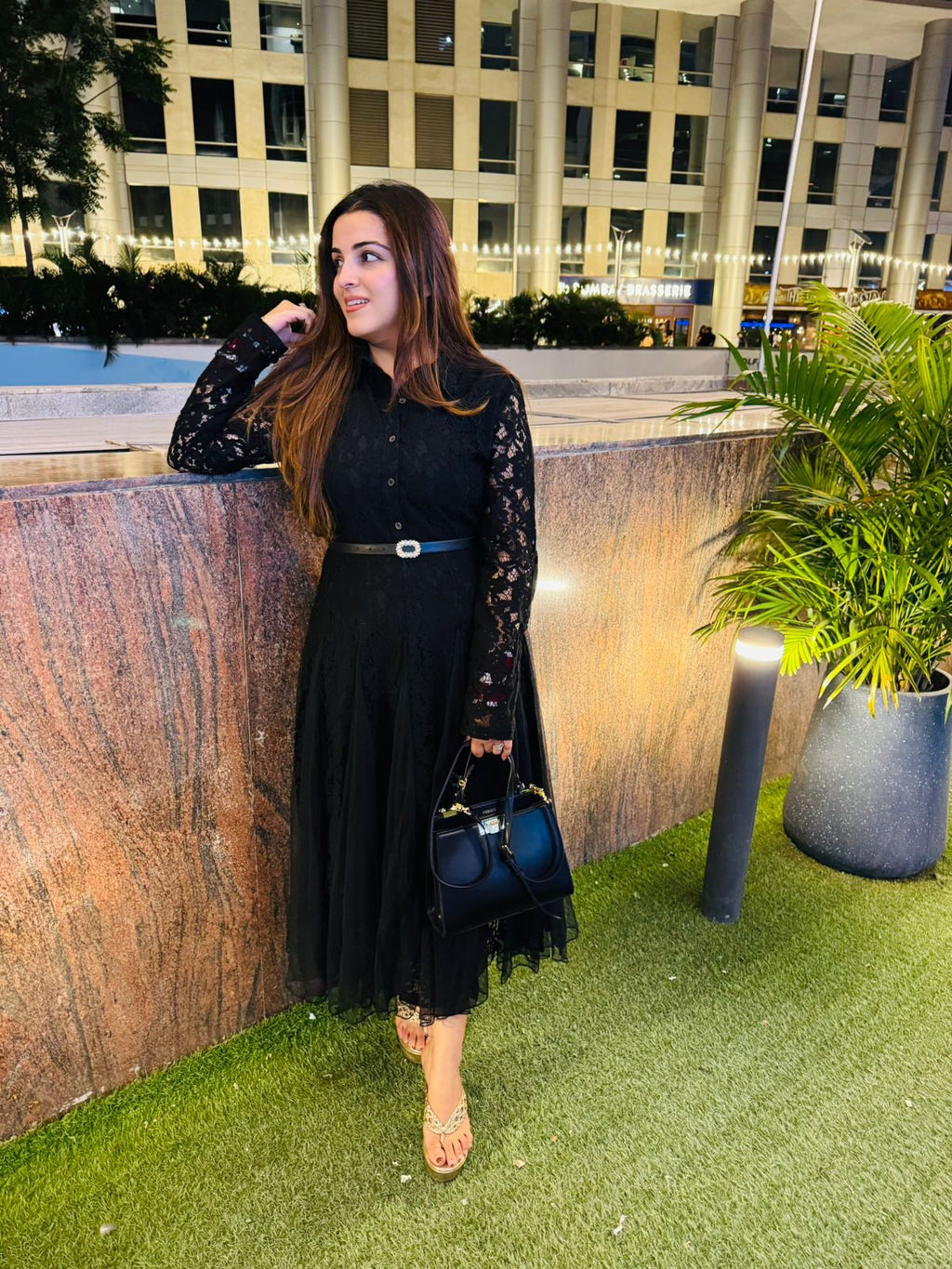 Midnight Elegance Black Lace Midi Dress
