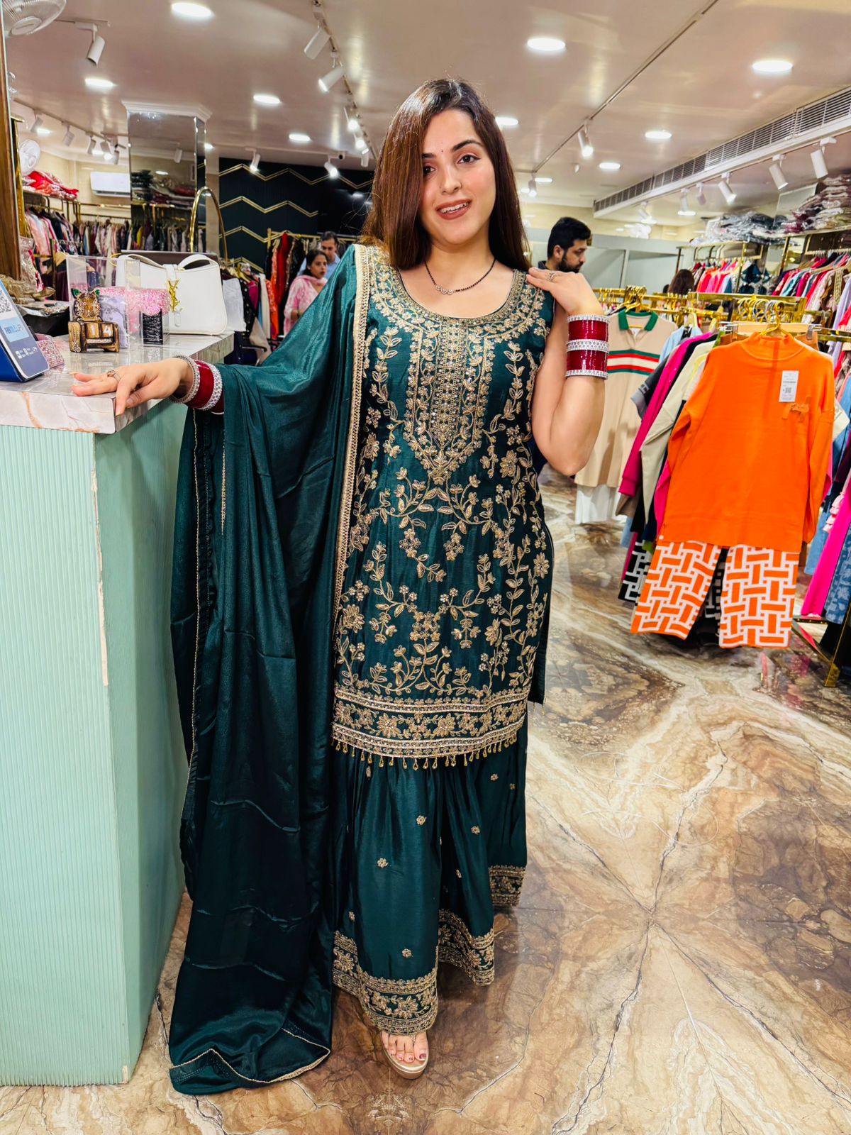 Emerald Elegance Embroidered Sharara Suit