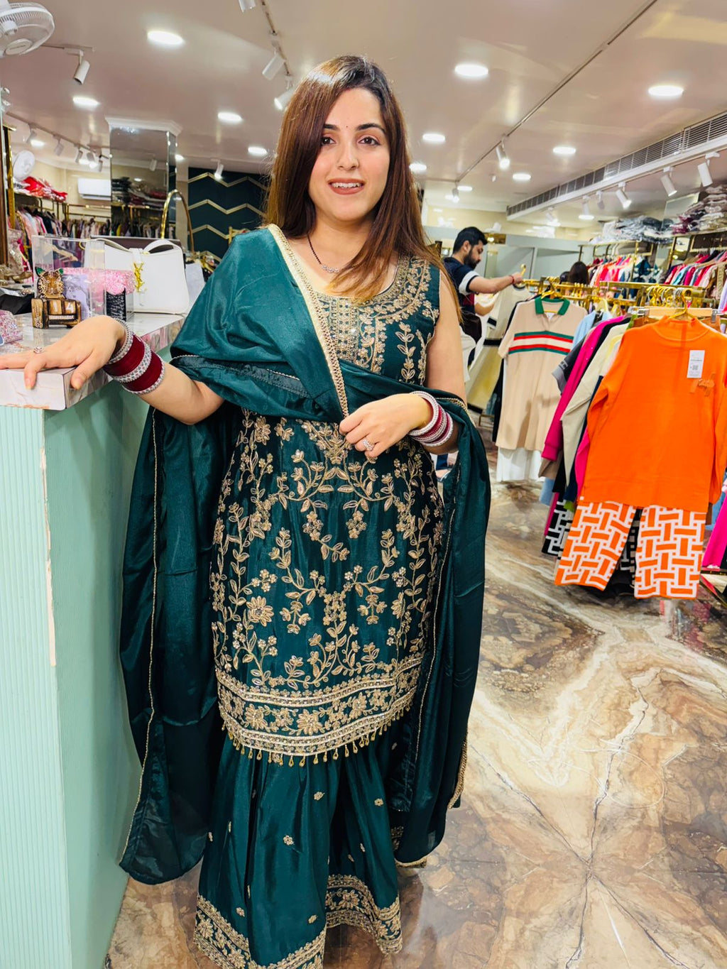 Emerald Elegance Embroidered Sharara Suit