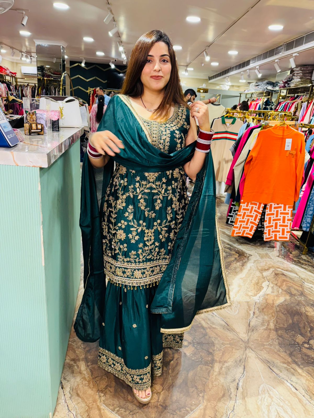 Emerald Elegance Embroidered Sharara Suit