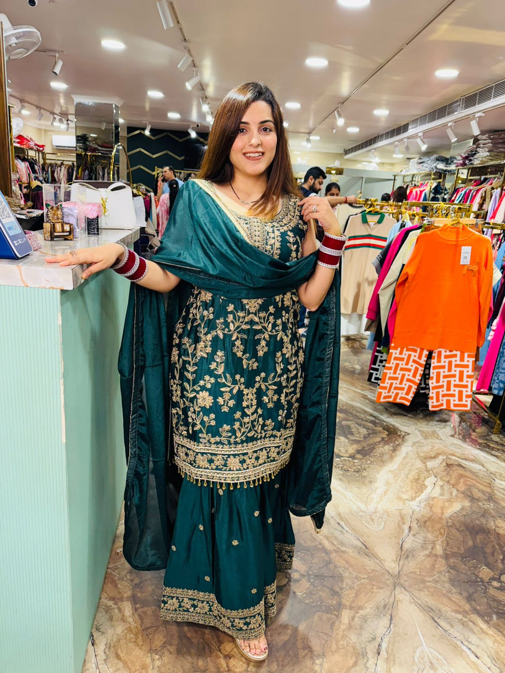 Emerald Elegance Embroidered Sharara Suit