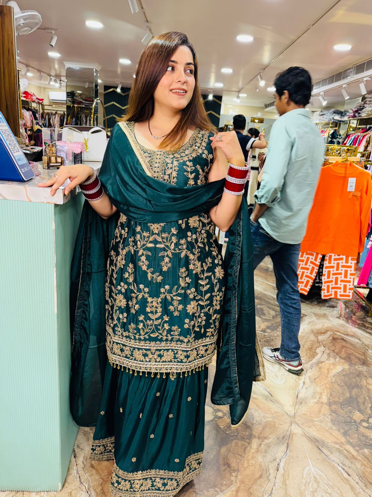 Emerald Elegance Embroidered Sharara Suit