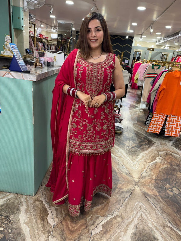 Ruby Radiance Embroidered Sharara Suit