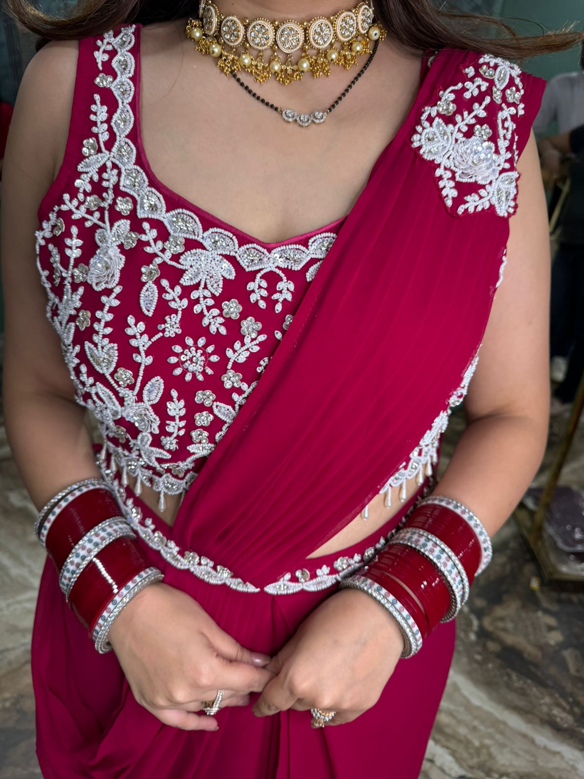 Wine Elegance Embroidered Drape Saree Gown