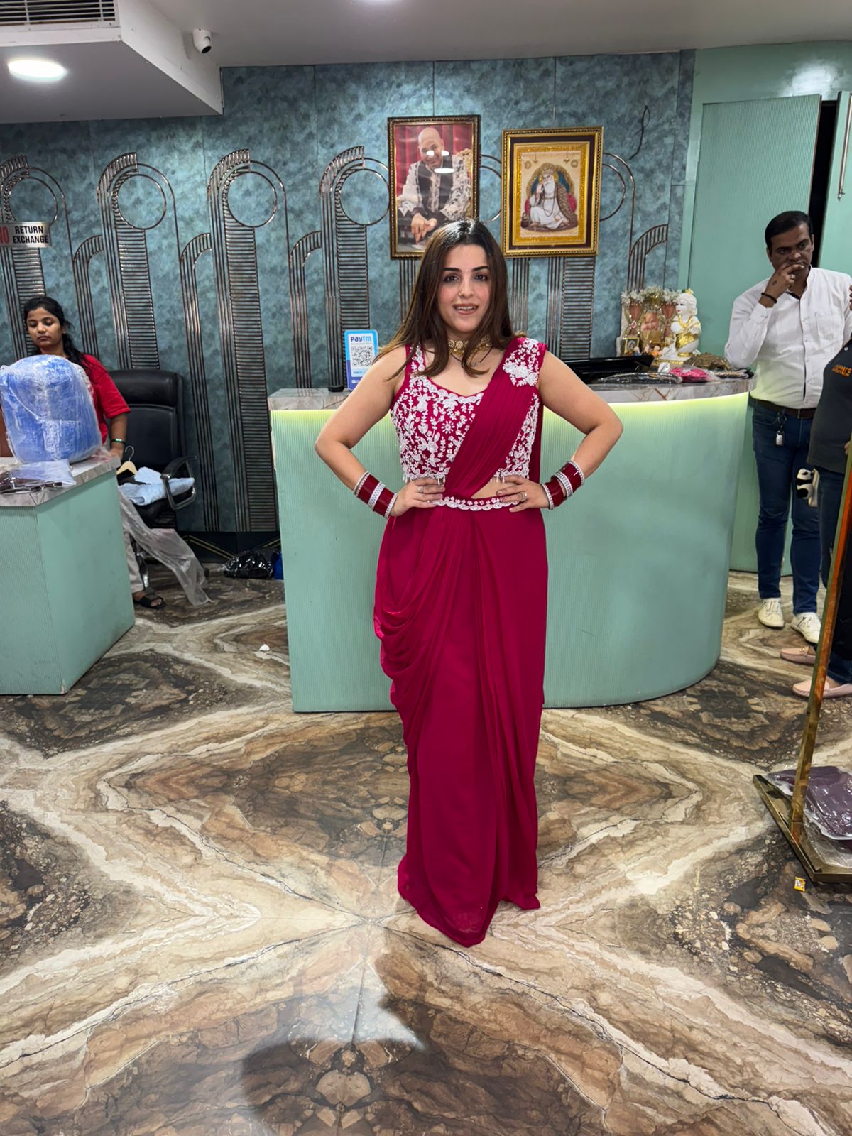 Wine Elegance Embroidered Drape Saree Gown