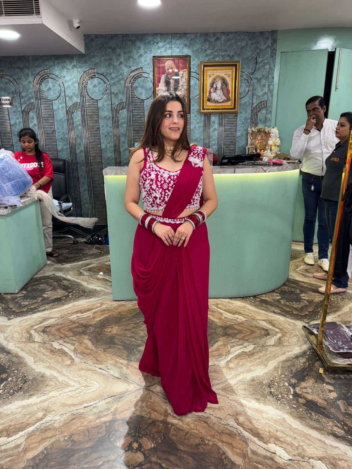 Wine Elegance Embroidered Drape Saree Gown