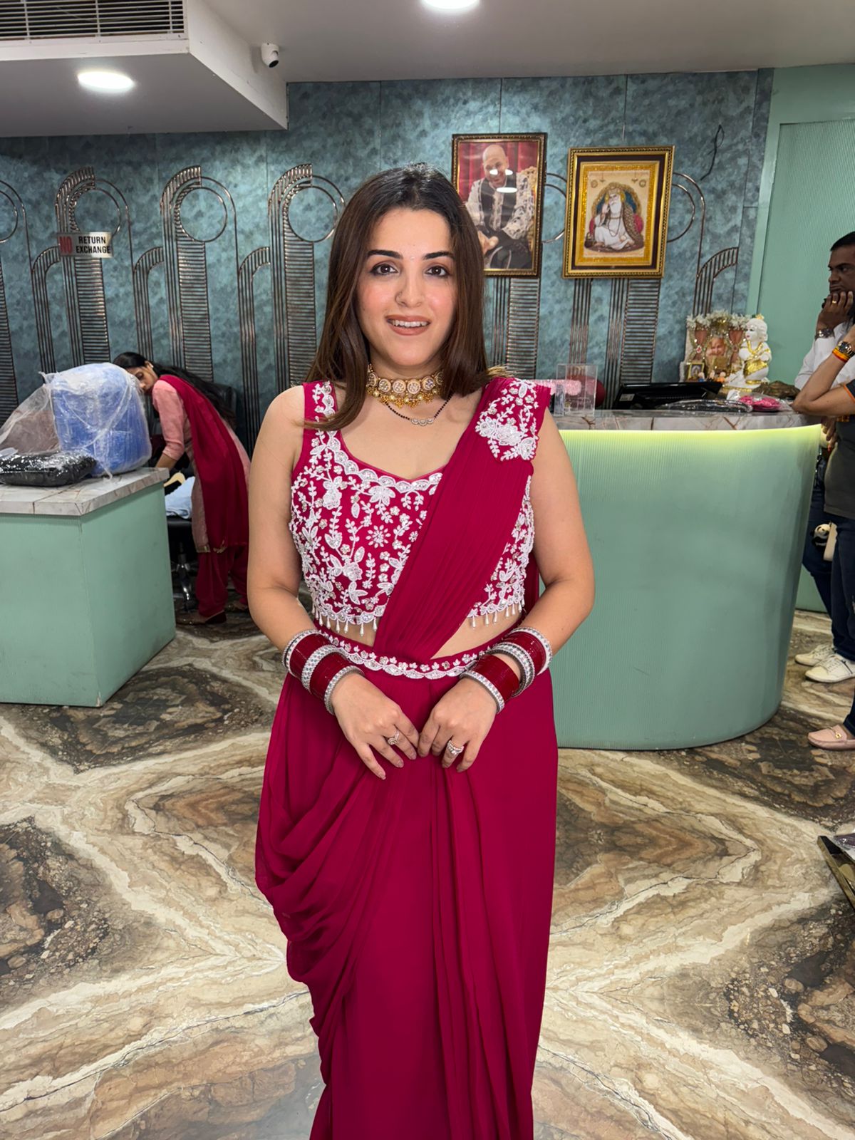 Wine Elegance Embroidered Drape Saree Gown