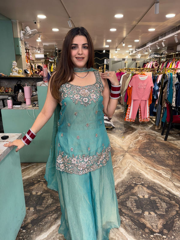 Pastel Aqua Bloom Embroidered Sharara Set