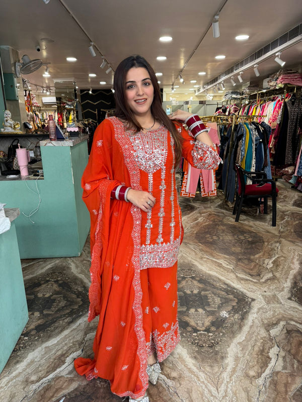 Fiery Vermilion Mirror Work Suit Set