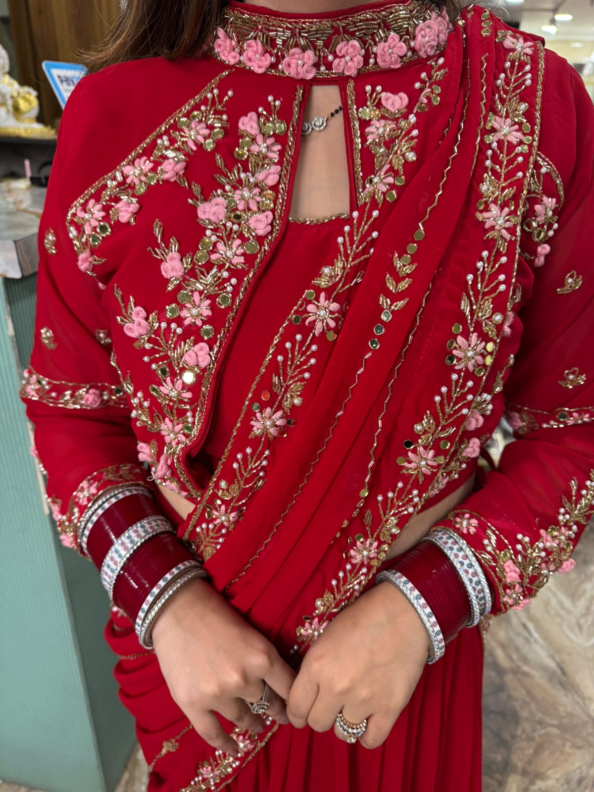 Scarlet Bloom Hand-Embroidered Skirt Gown Set