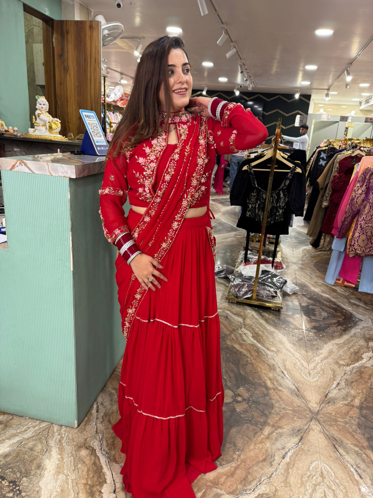 Scarlet Bloom Hand-Embroidered Skirt Gown Set