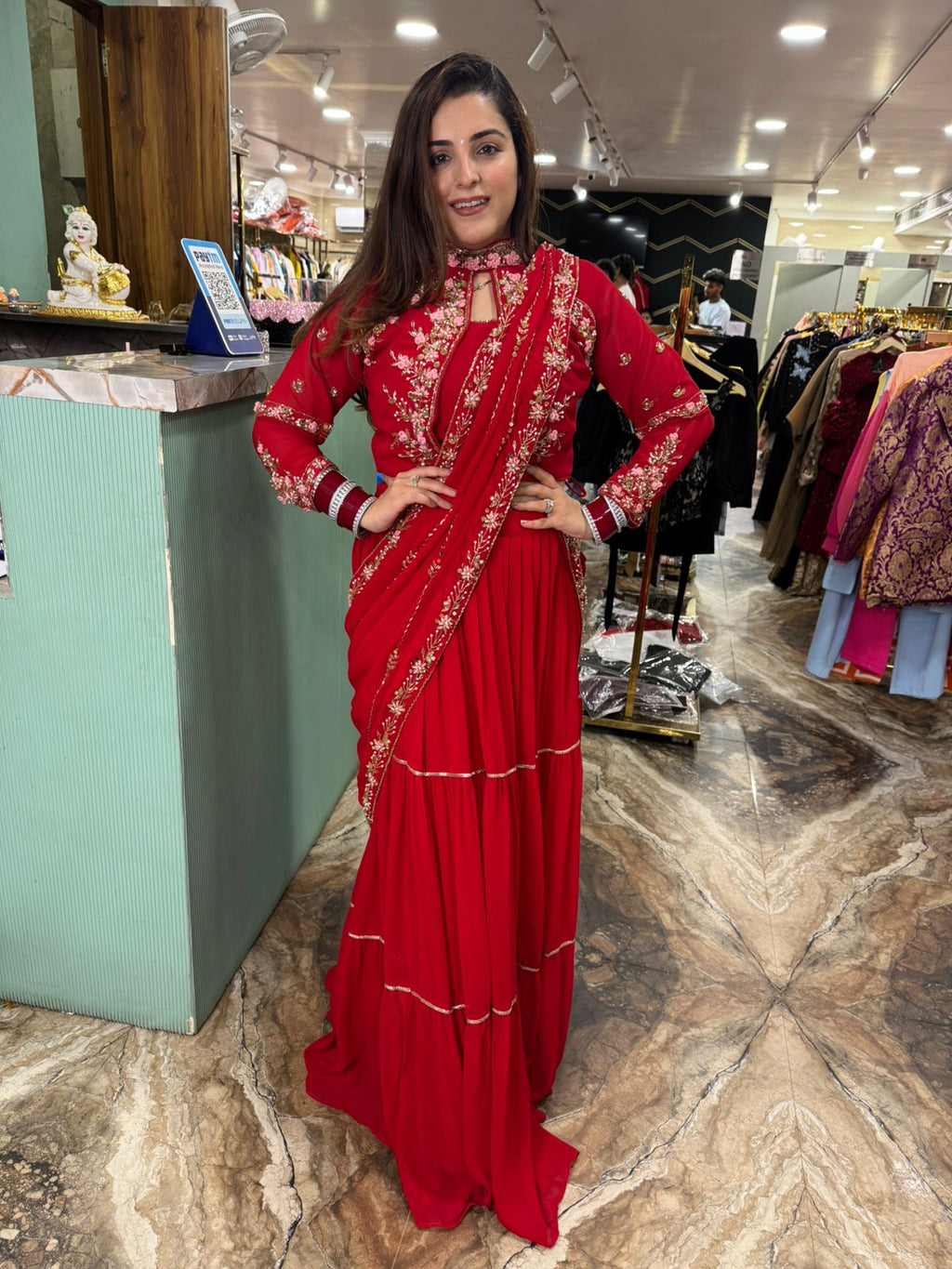 Scarlet Bloom Hand-Embroidered Skirt Gown Set