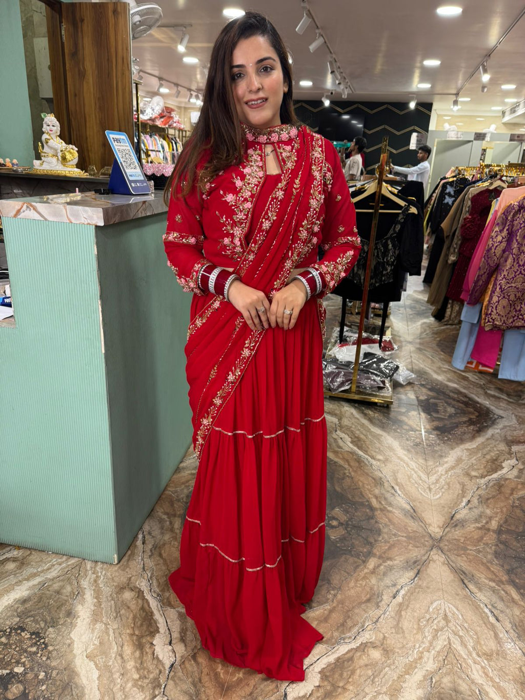 Scarlet Bloom Hand-Embroidered Skirt Gown Set