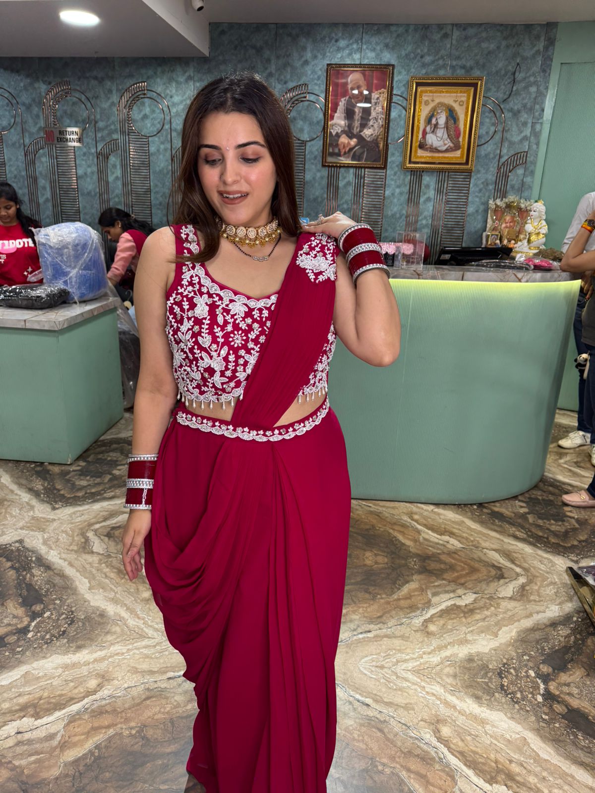 Wine Elegance Embroidered Drape Saree Gown