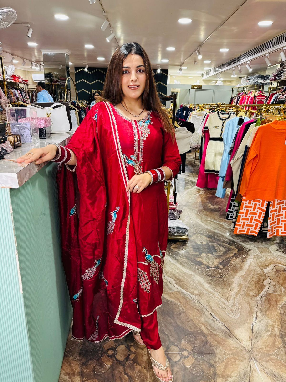 Crimson Peacock Embroidered Silk Suit