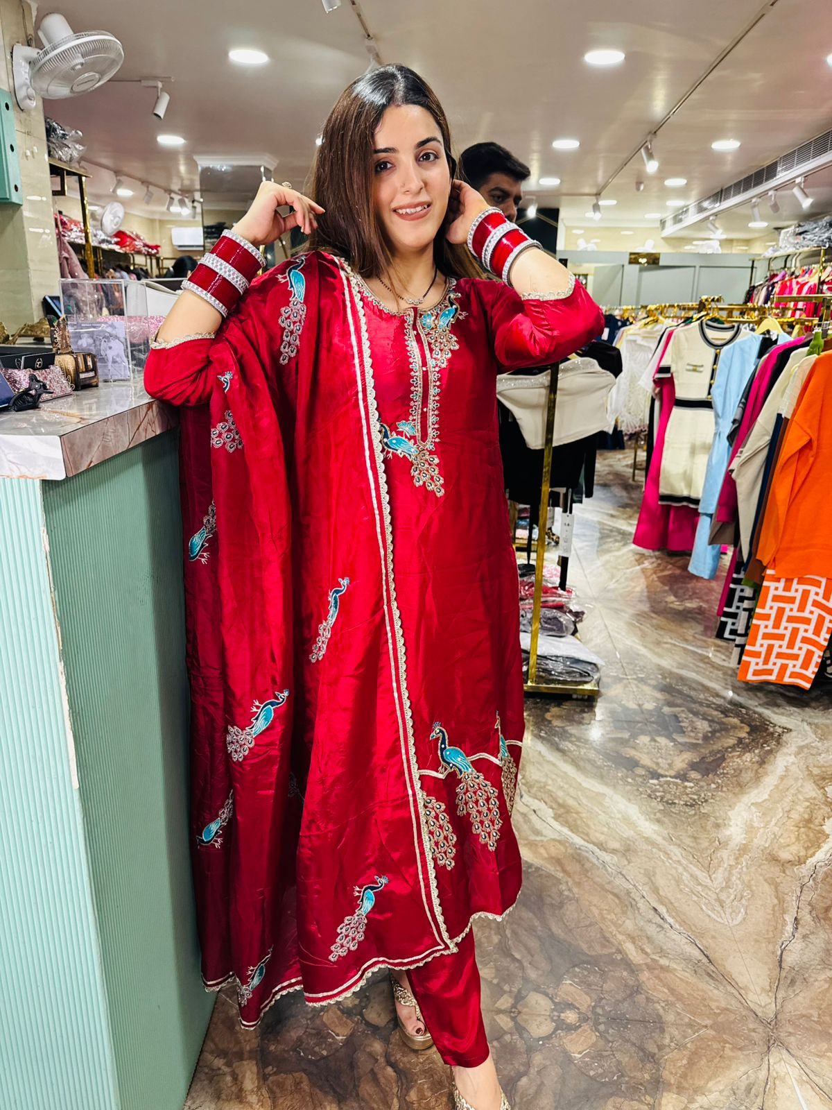 Crimson Peacock Embroidered Silk Suit