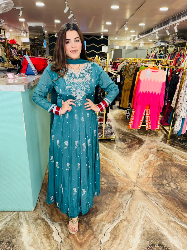 Teal Blossom Chikankari Anarkali Set