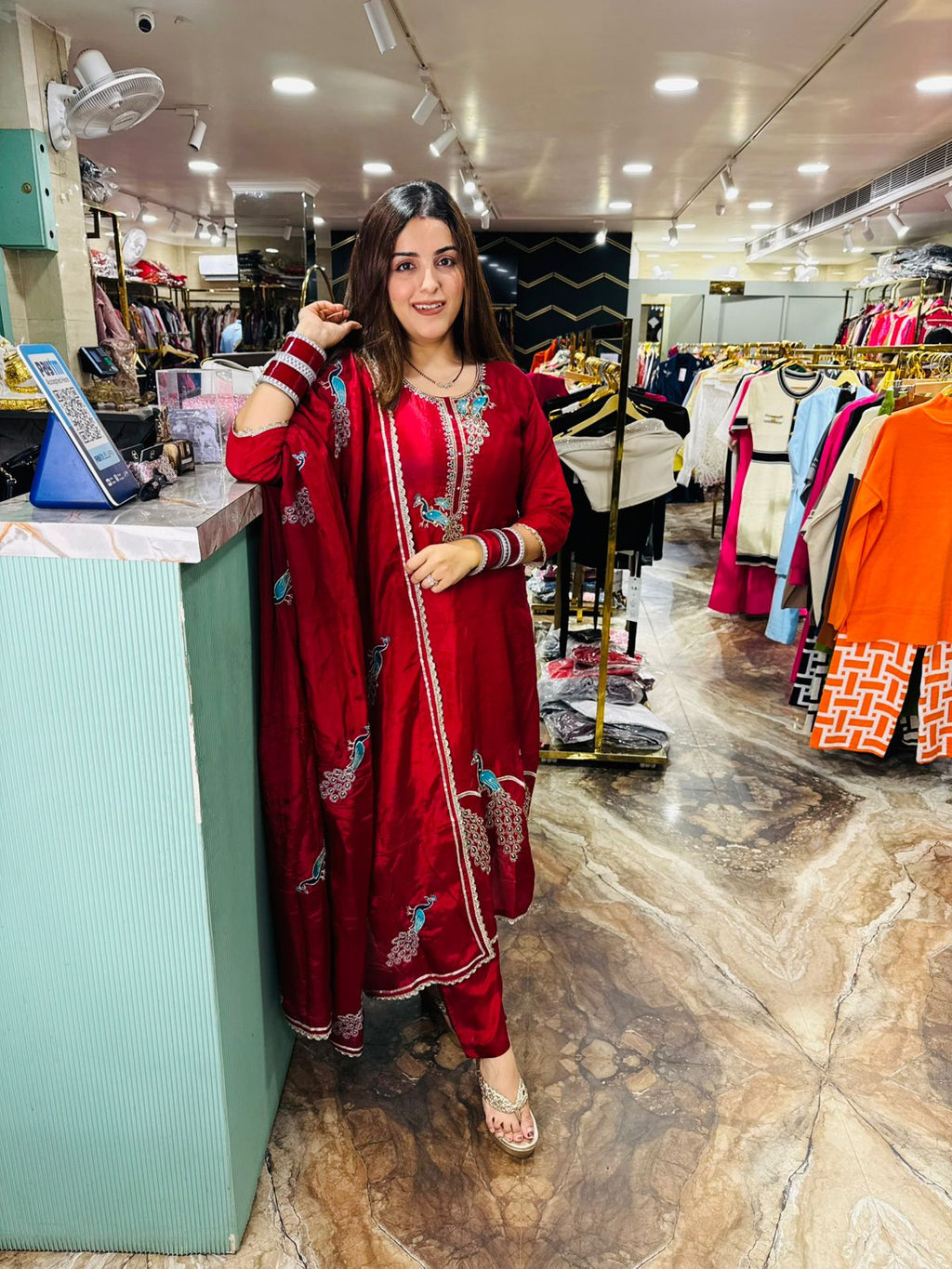 Crimson Peacock Embroidered Silk Suit