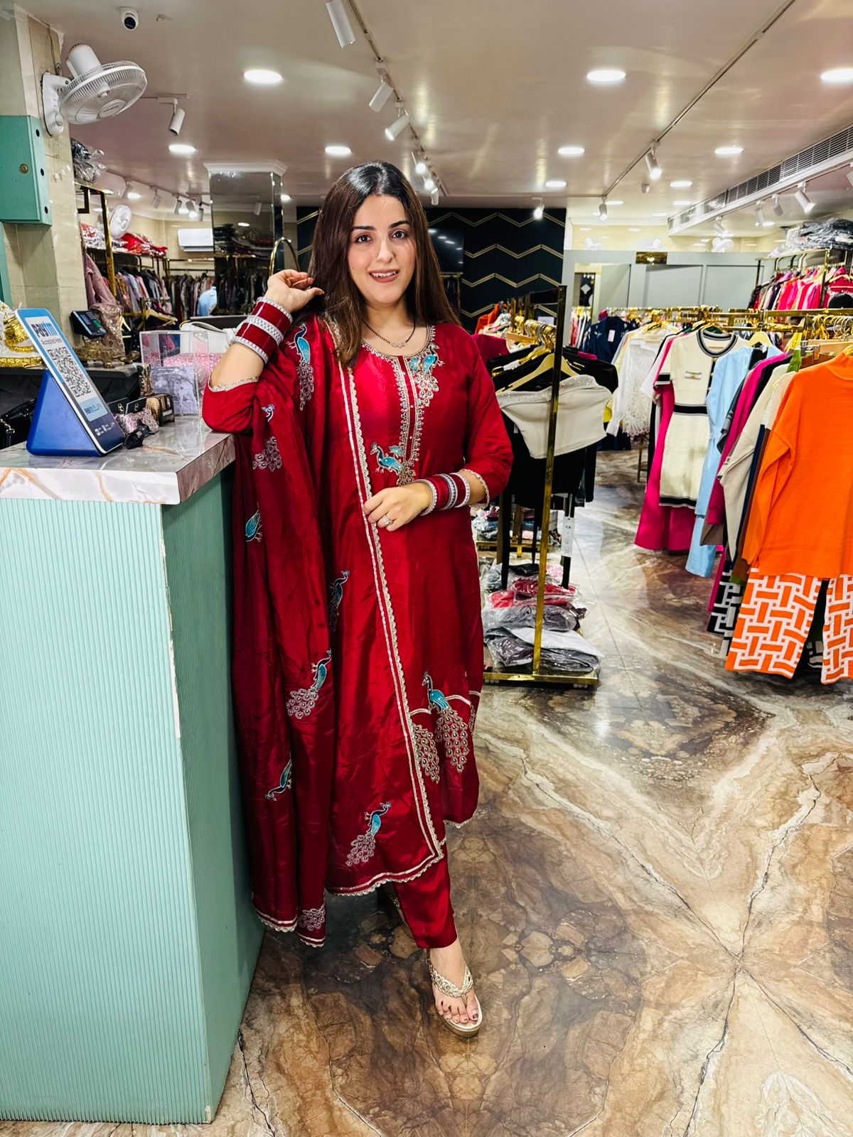 Crimson Peacock Embroidered Silk Suit