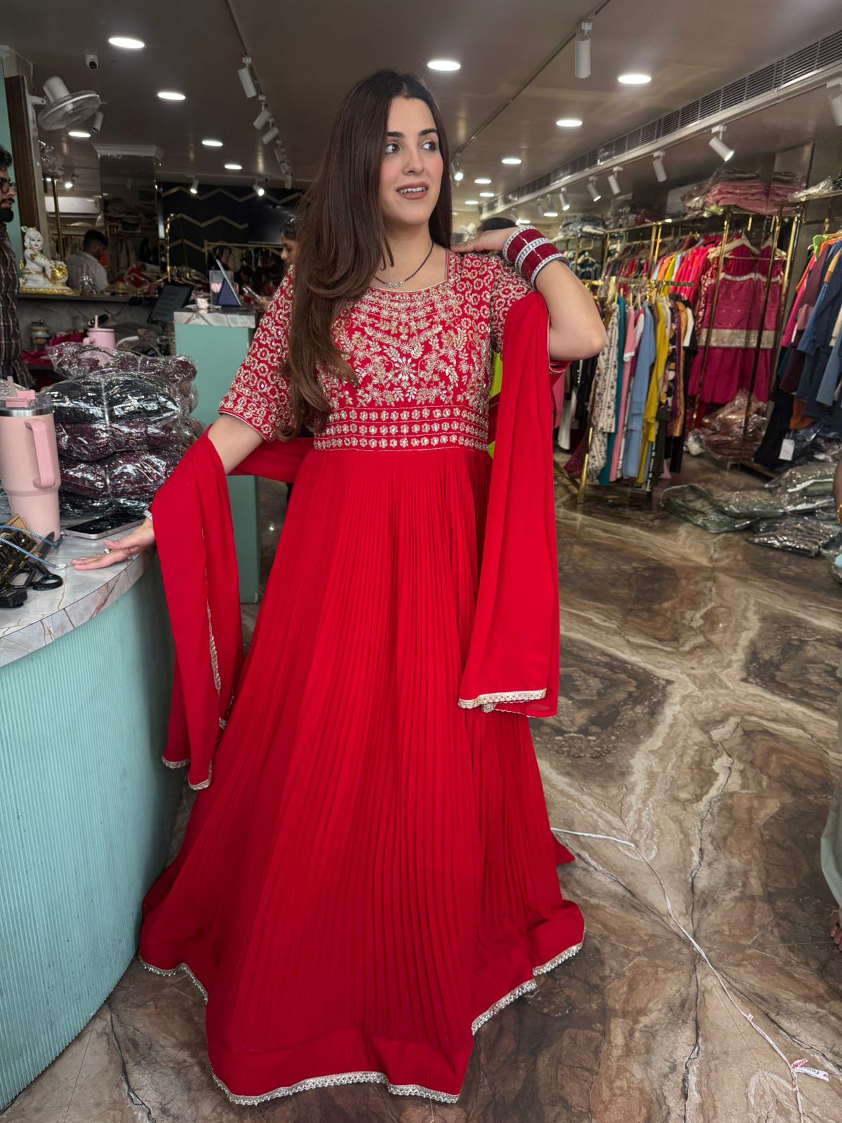 Ruby Embroidered Gown with Dupatta