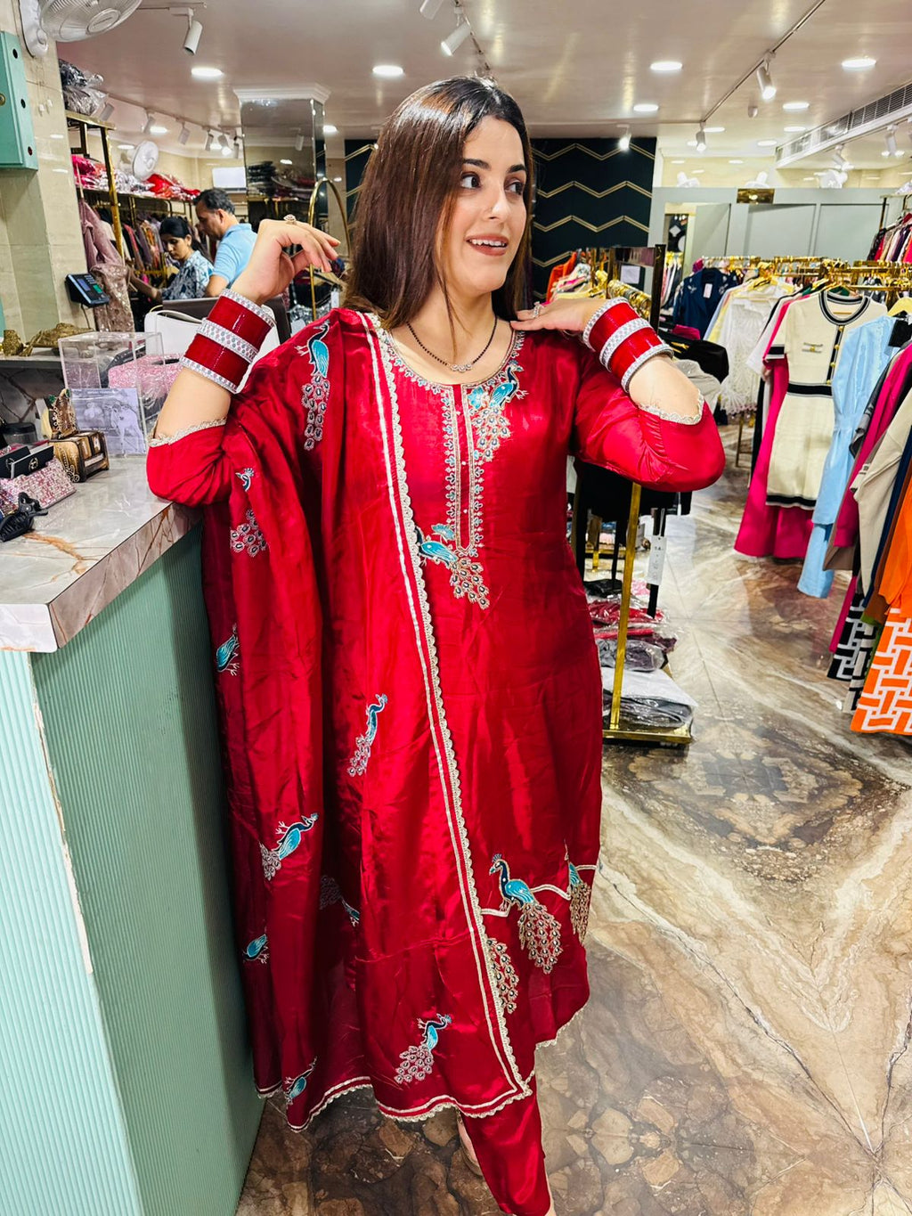 Crimson Peacock Embroidered Silk Suit