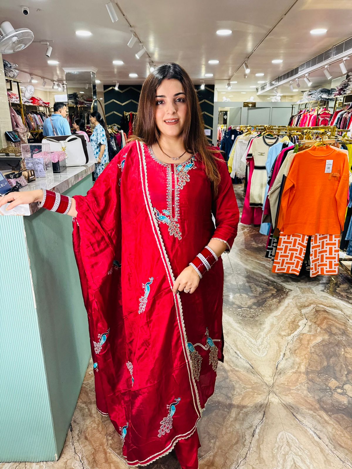 Crimson Peacock Embroidered Silk Suit