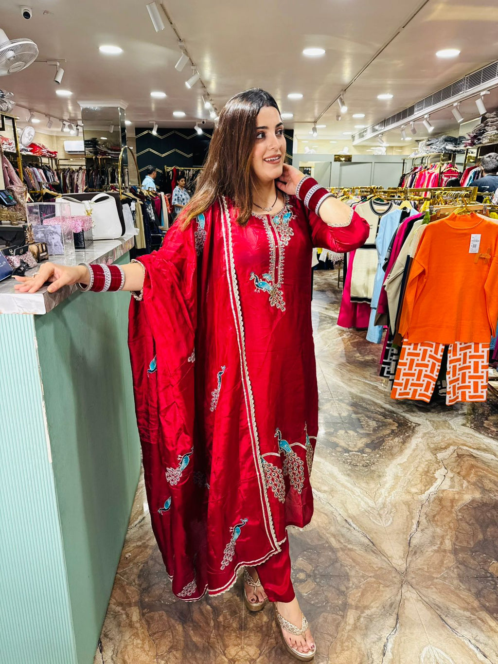 Crimson Peacock Embroidered Silk Suit